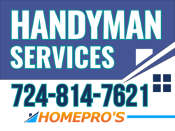 White Silhouette of House Over Blue Handyman Services Sign With Company Name and Phone Area