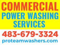 Red and Blue Commercial Power Washing Services Over Yellow Box Sign