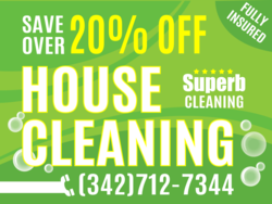 Save % Off House Cleaning Sign With Green Bubbles Background With Phone Area
