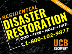 Slanted Yellow Over Black Disaster Restoration Sign With Bottom Logo and Phone Area