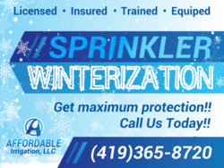 Snowflakes In Sky Designed Sprinkler Winterization Sign With Slogan Phone and Logo Area